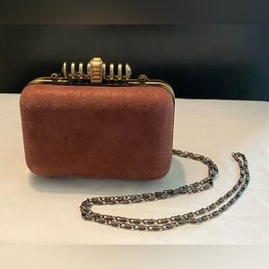 C WONDER Rust Mauve Pink Suede Gold Hard Clutch w Chain
